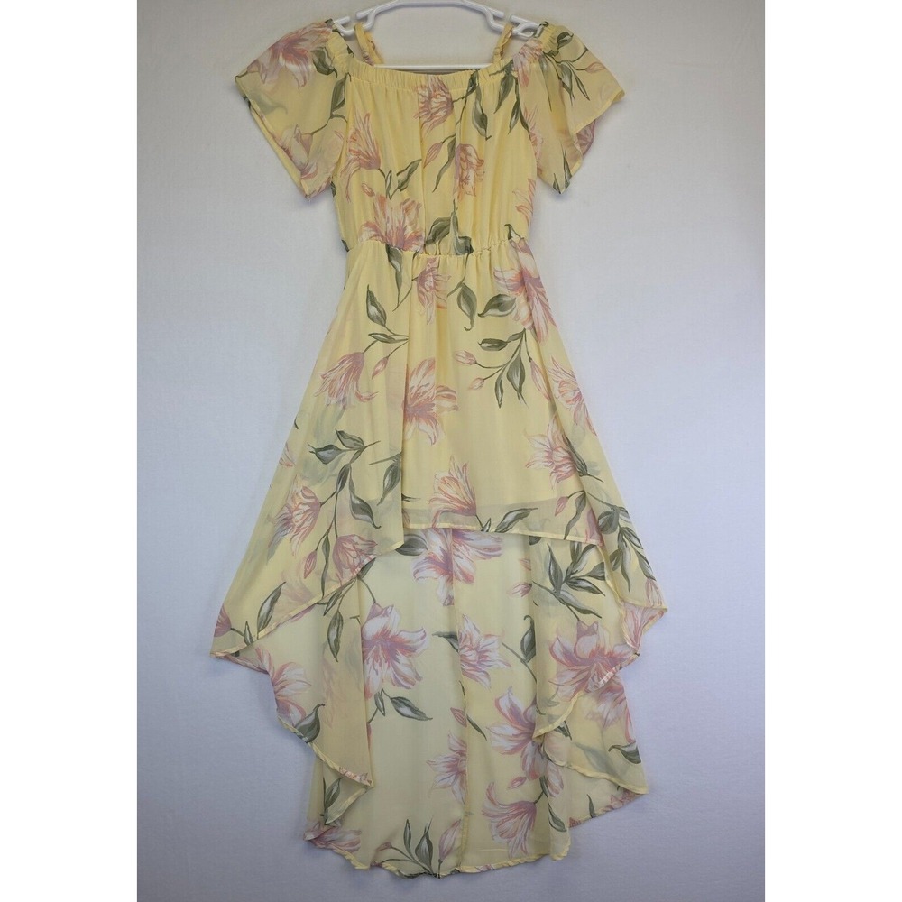 AUW Dress Womens S Yellow Hi Low Chiffon Cold Shoulder Floral Flowy‎ Fairy